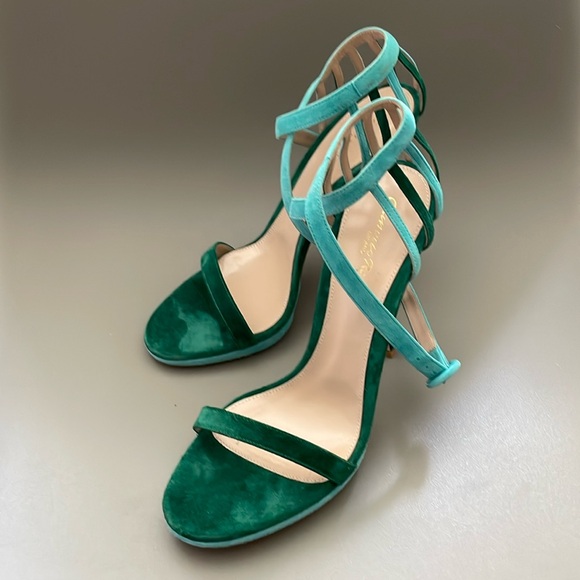 Gianvito Rossi Vanessa Blue Green Suede Strap Sandal Open Toe Heels